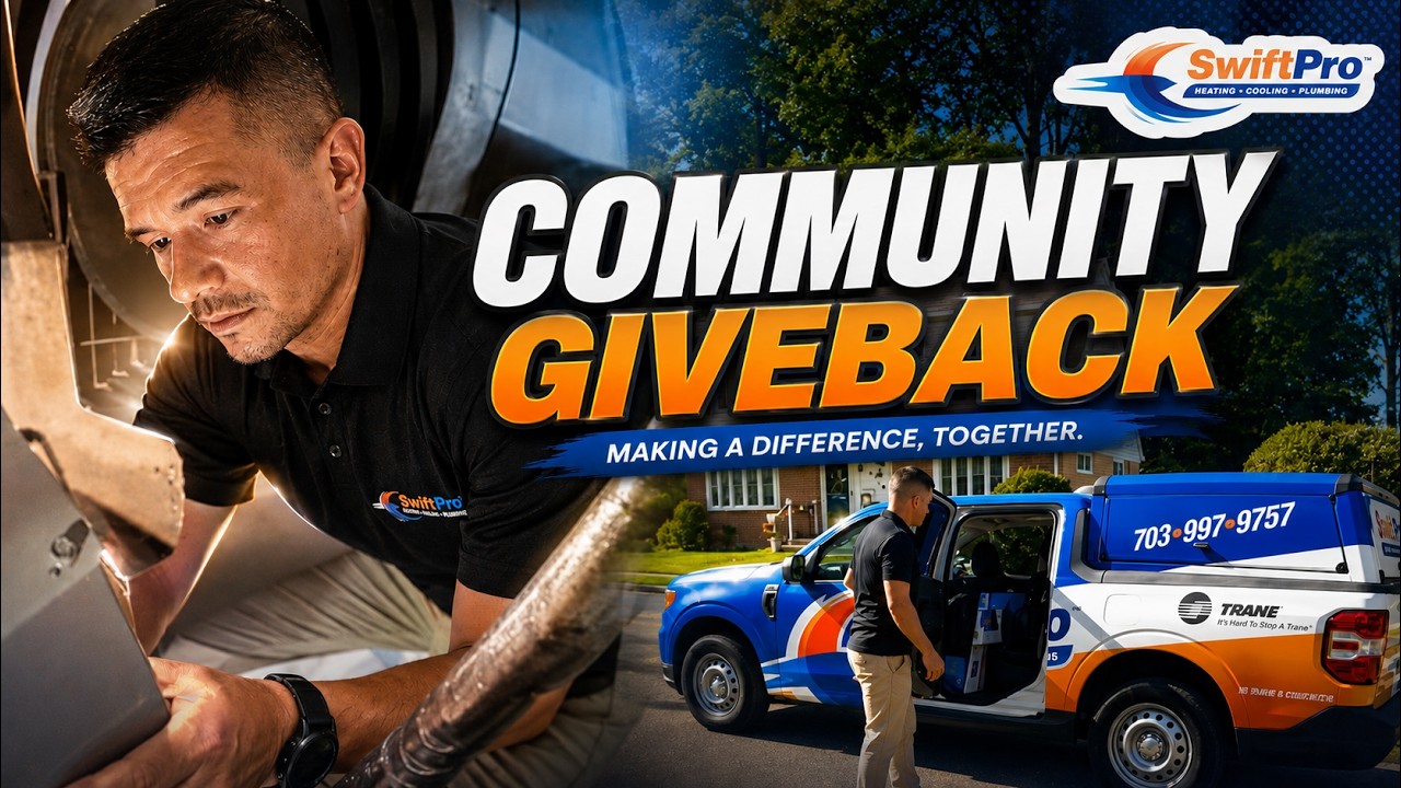 TV giveaway story: a SwiftPro tech in a black polo greets an older homeowner at the door, then checks the basement furnace and humidifier with a phone.