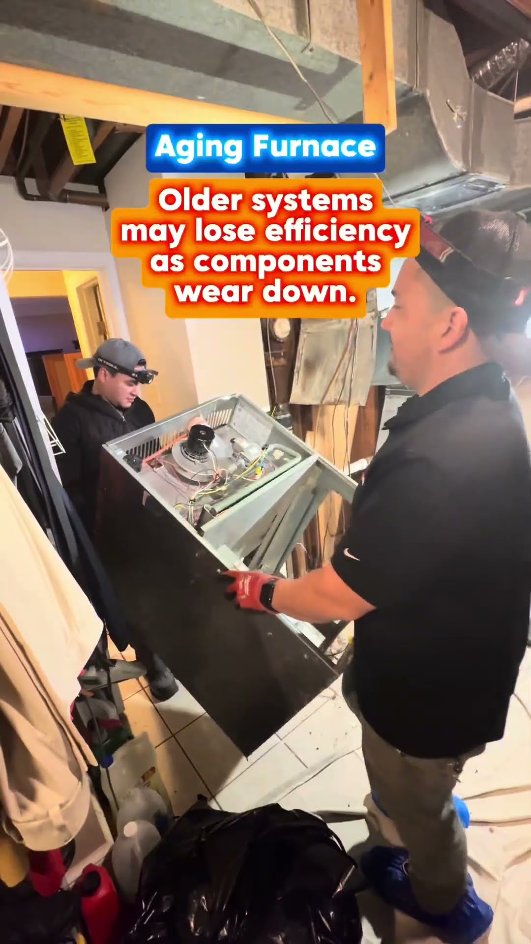 Basement furnace replacement: two techs pull the old furnace out, captions explain poor airflow and aging furnace, then a new Rheem furnace (Rheem logo legible) installed on a tile floor; phone 571-47