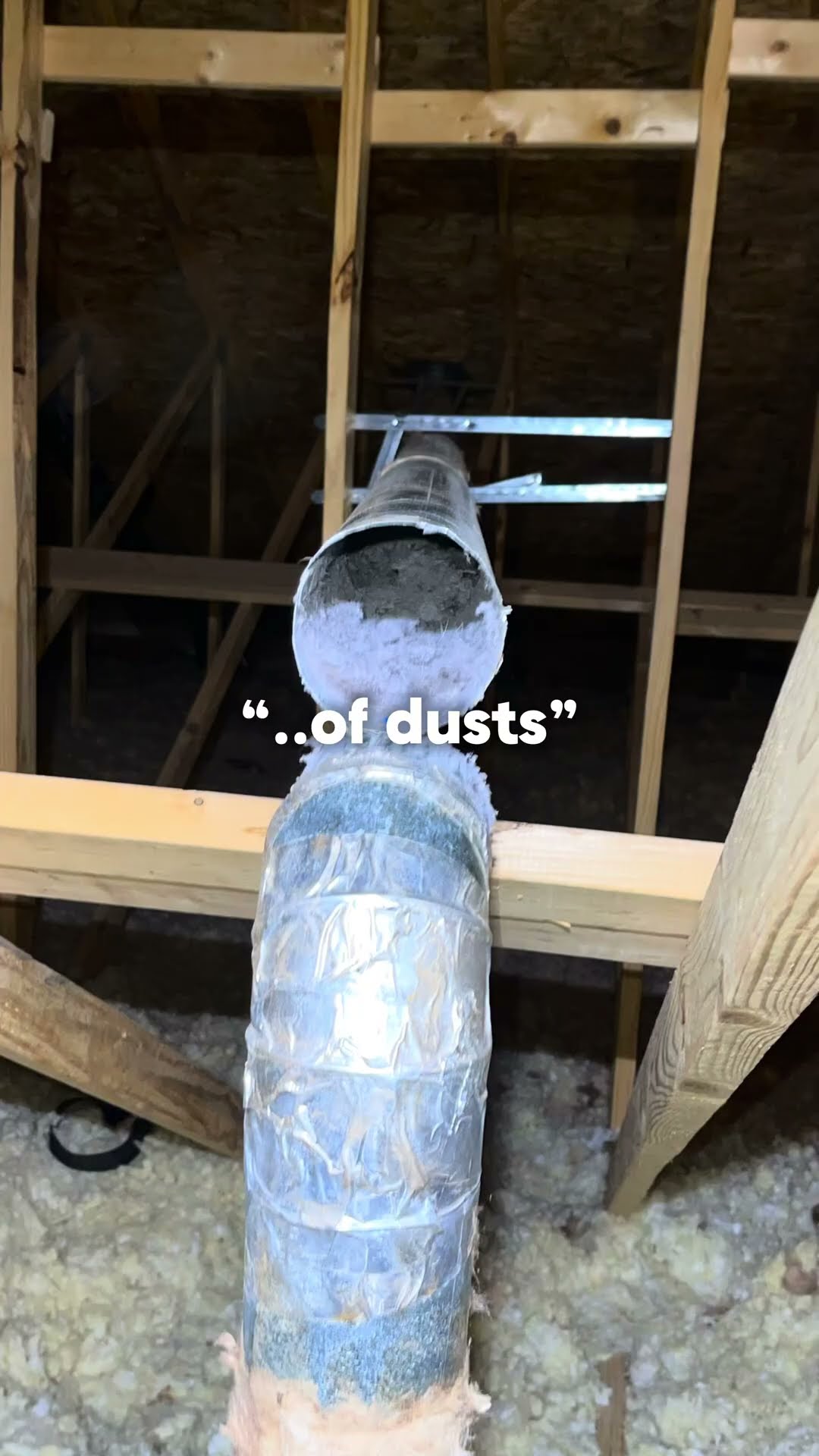 A selfie inset of a man in a black shirt talking from a closet, over an attic shot; then a dryer vent pipe running up through attic insulation packed solid with lint at the top.