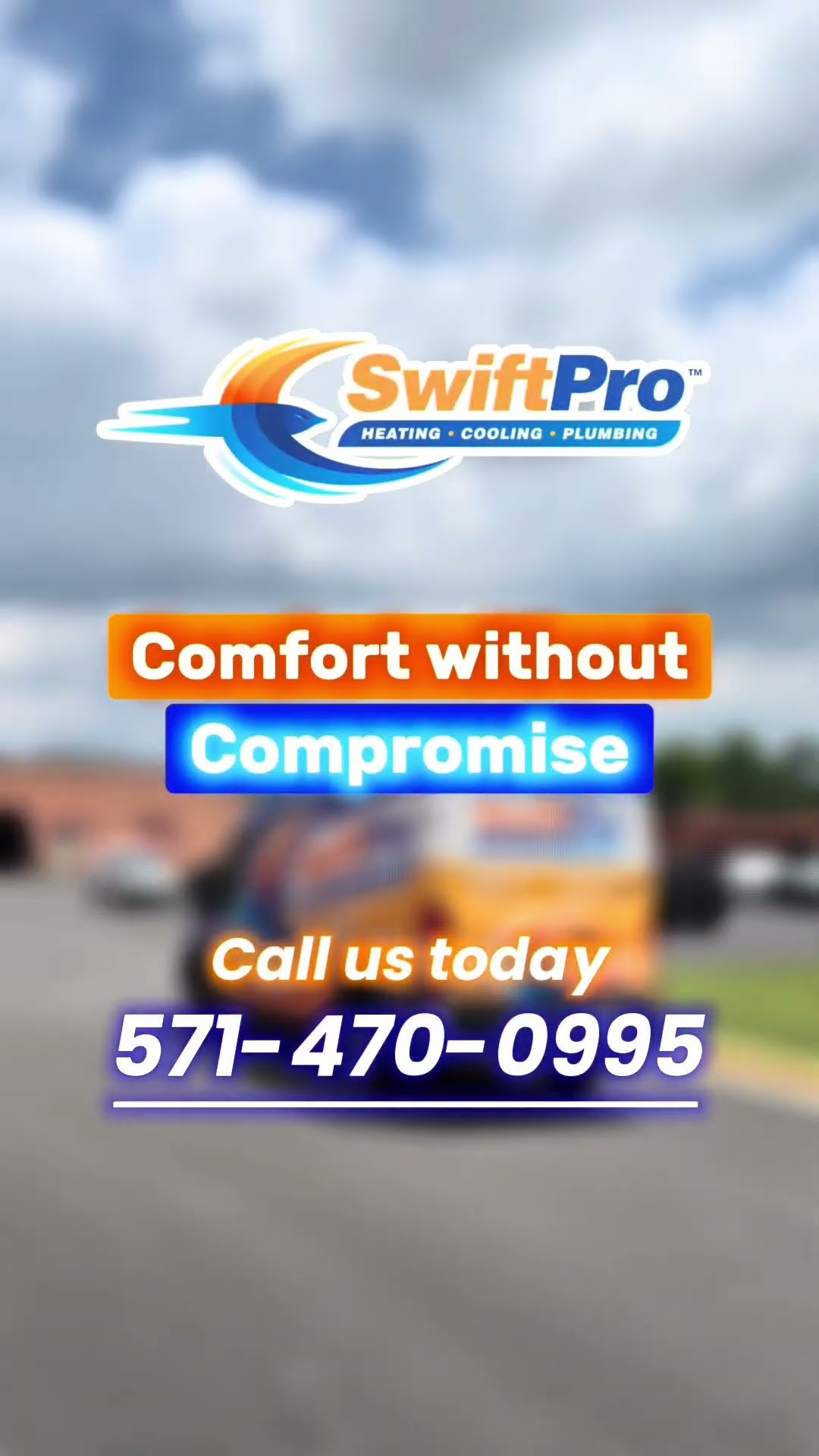 A young tech smiles while stepping out of the back of a Trane-badged SwiftPro van with paperwork in a residential driveway; the rest is the SwiftPro end card.