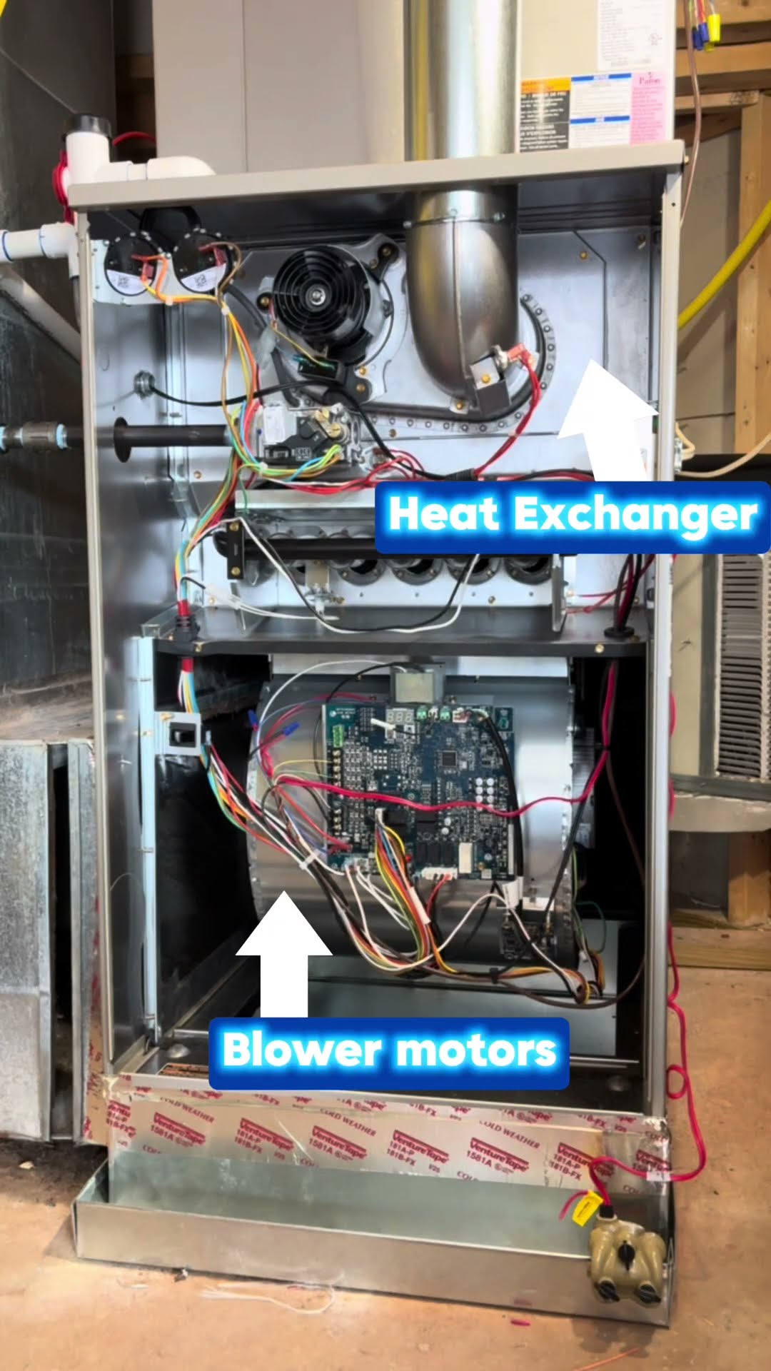 An open gas furnace in a basement mechanical room with on-screen labels for the heat exchanger and blower motor.