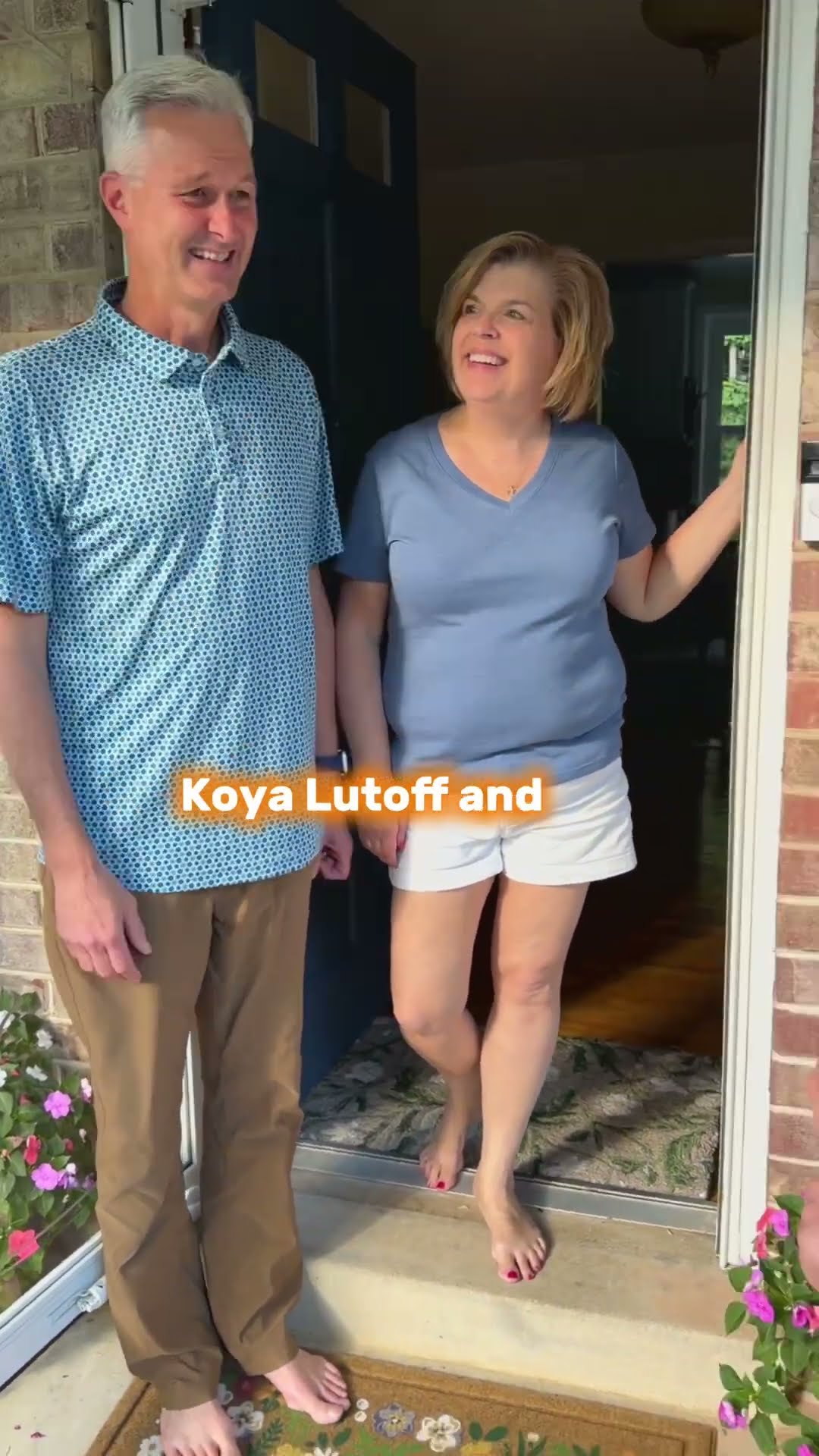 Oldest AC Giveaway winner reveal on a brick-front porch: a man in a black Nike/SwiftPro polo carries a sign to the door, and the winning couple (a grey-haired man in a patterned blue shirt and a woman