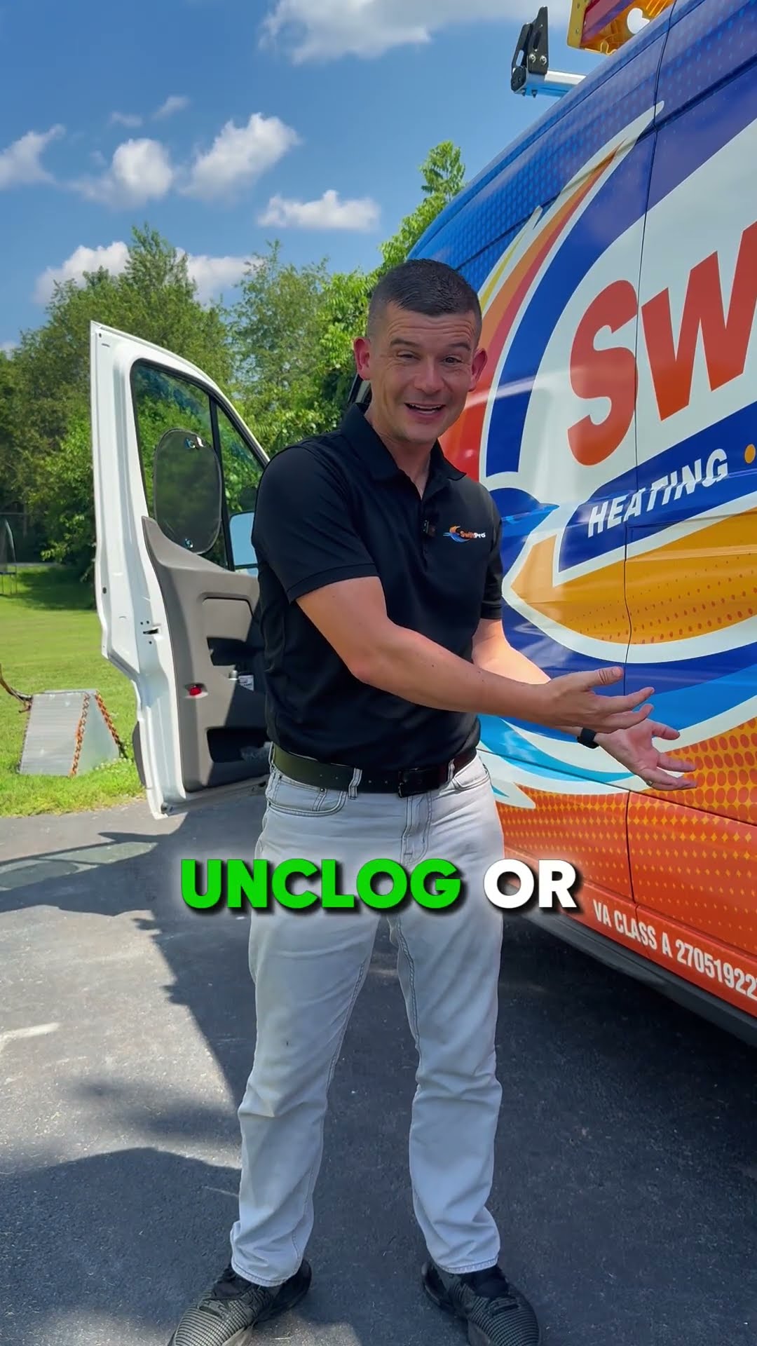 A man in a black SwiftPro polo and light grey pants walks out from the open door of the wrapped SwiftPro van ('Hi I'm Tyler') and talks about SwiftPro being a local, family-owned company that can uncl
