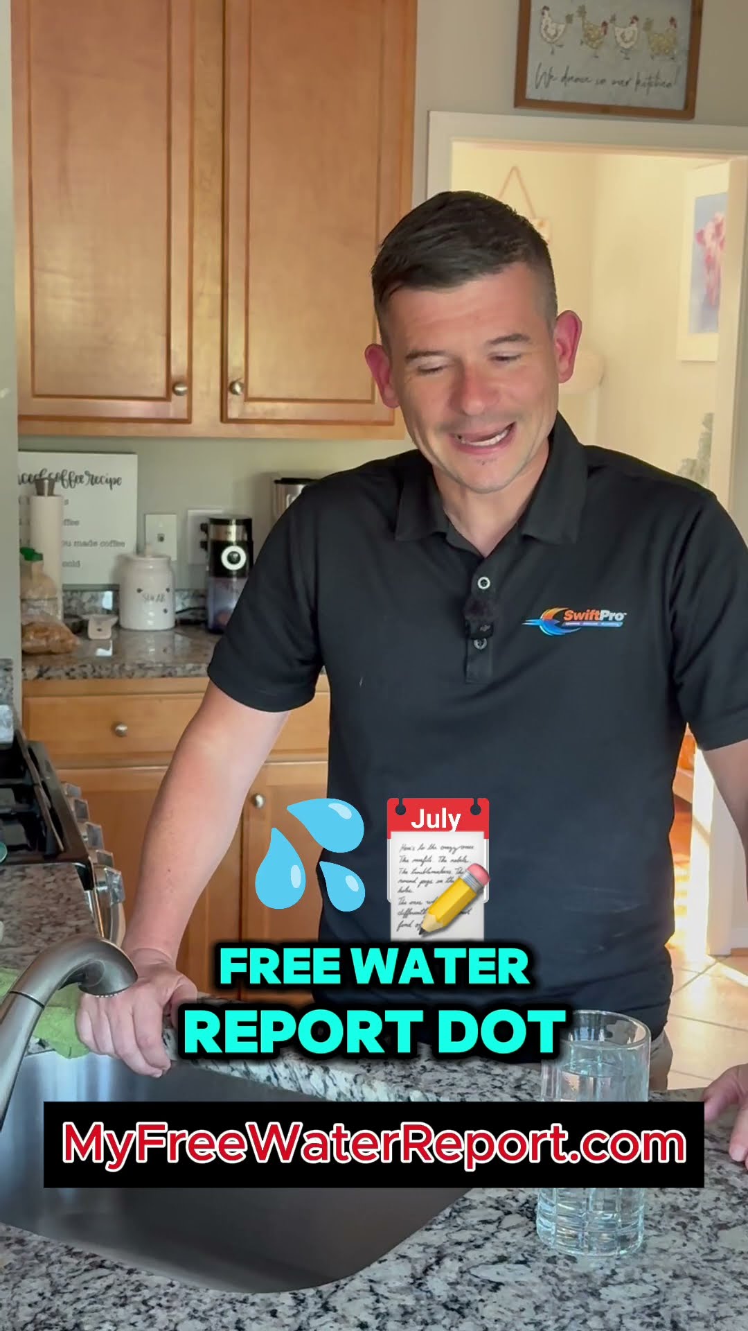 A man in a black SwiftPro polo stands at a kitchen sink holding a glass of tap water and talks about what is in Northern Virginia tap water, pointing viewers to MyFreeWaterReport.com.