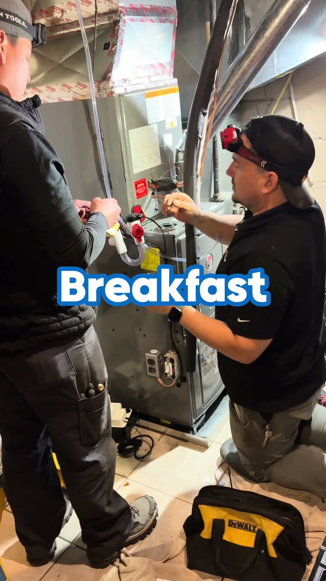 A tech in a black Nike polo with a headlamp poses in a basement, then two techs work on a gas furnace on a tile floor with a DeWalt bag, and one checks the filter slot.