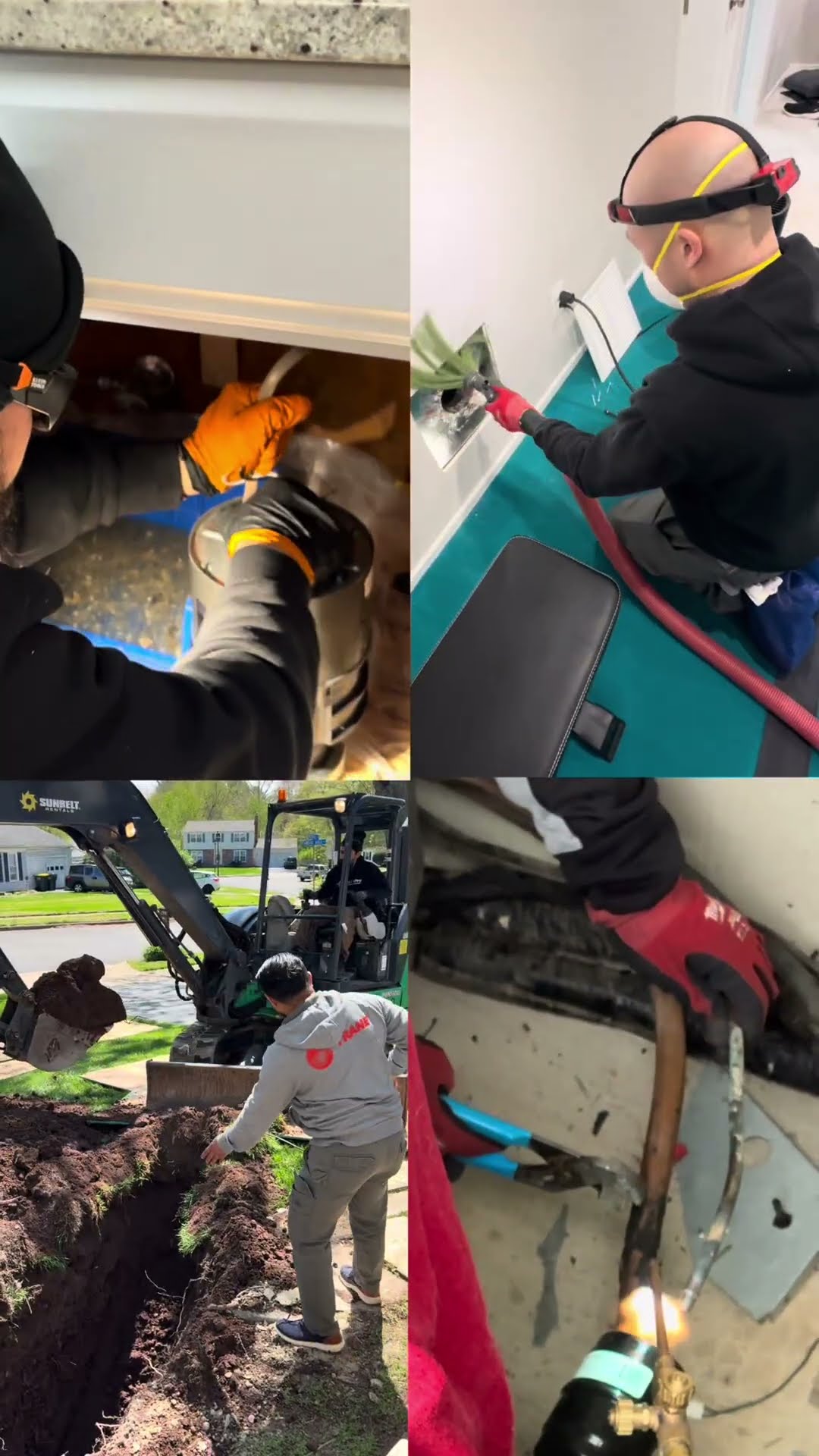 Four-way split screen of four trades at once: a mini excavator digging a yard trench with a tech in a grey hoodie, orange-gloved hands working on a pipe or valve under a cabinet, a bald tech with a re