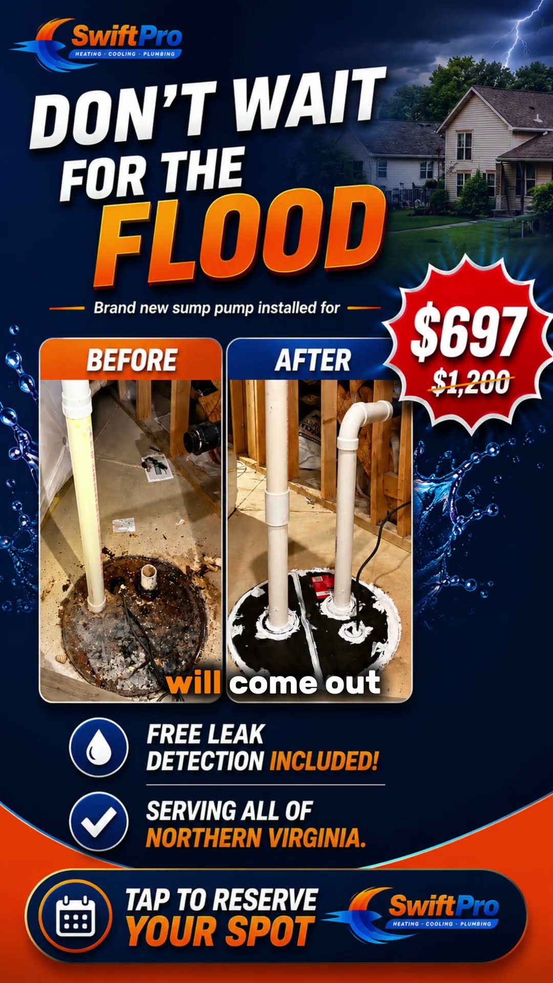 Sump pump system before and after: an old pump in a dirty open pit, then a new green cast-iron submersible pump.