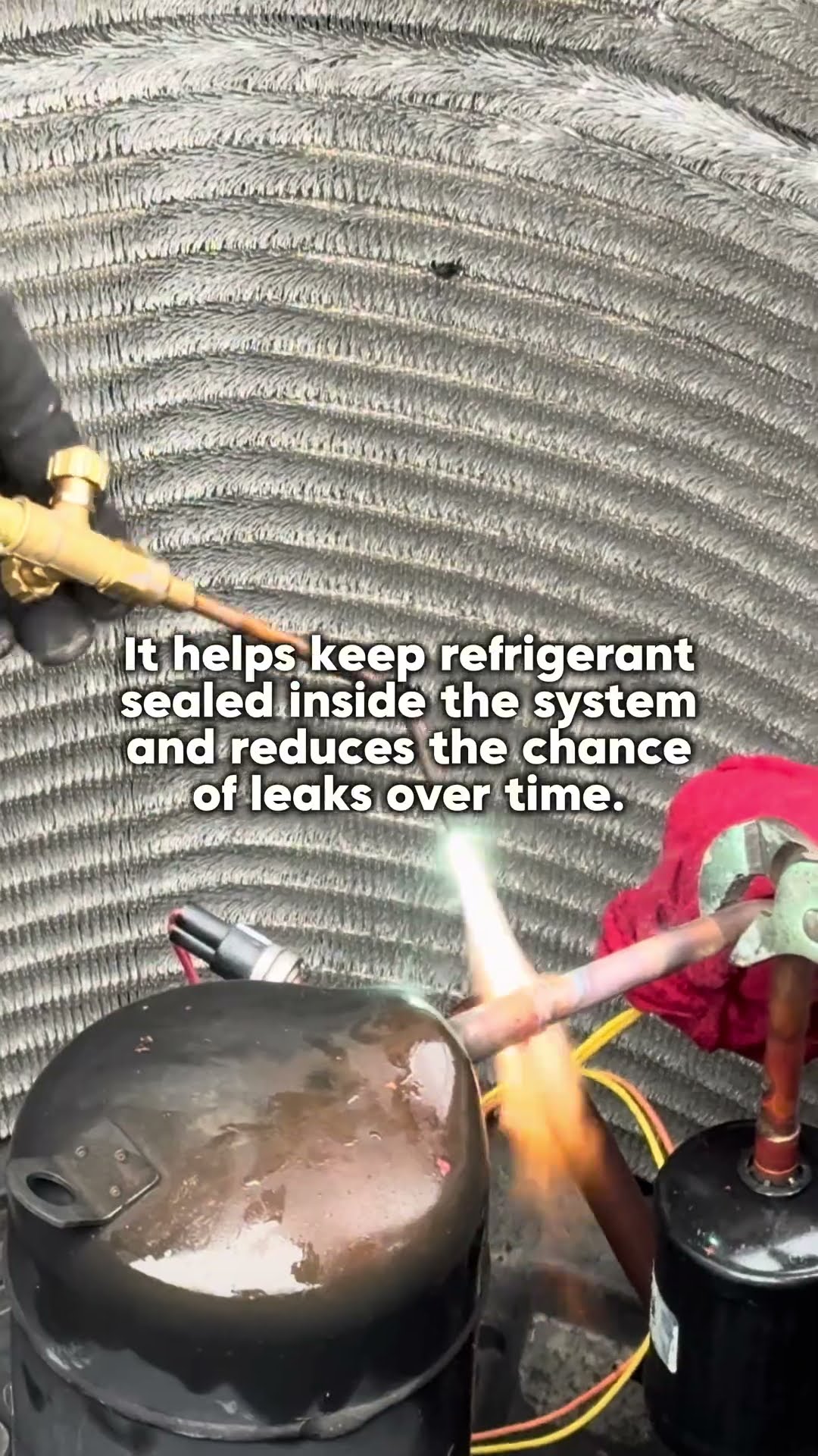 Torch brazing copper refrigerant lines: at a compressor inside an opened condenser, overhead near a furnace in a basement, and at a condenser service valve wrapped in a wet rag.