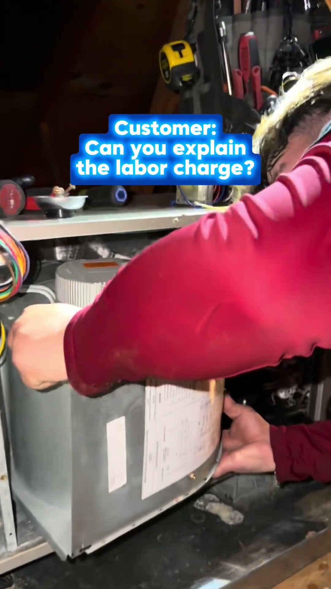 Attic furnace repair: a hand holds an old fan/limit control pulled from the unit next to a selfie inset of a young tech, then a tech in a red long-sleeve shirt slides a blower assembly out of the cabi