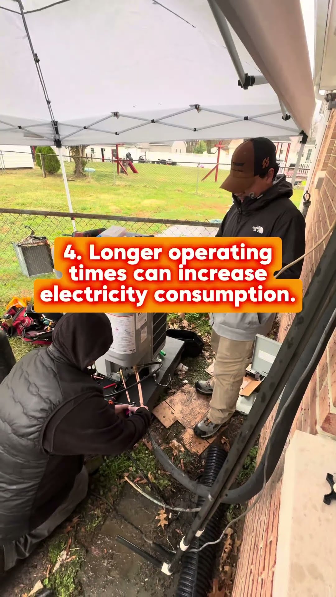A tech in a black SwiftPro polo wheels a boxed condenser on a dolly past a SwiftPro van, then techs work on a residential outdoor AC condenser under a pop-up canopy in a backyard, one with gauges and 